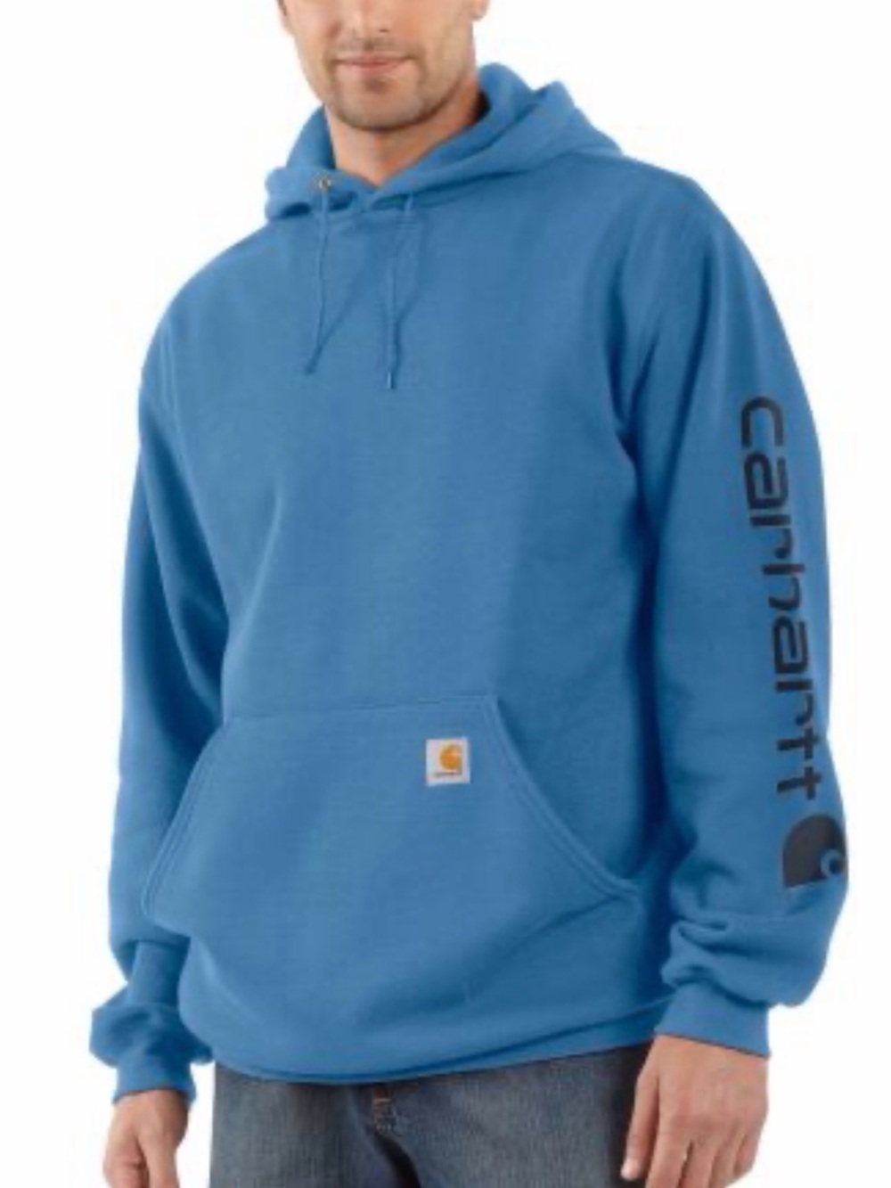 Carhartt Men's Blue Logo Sleeve Pullover Hooded Sweatshirt